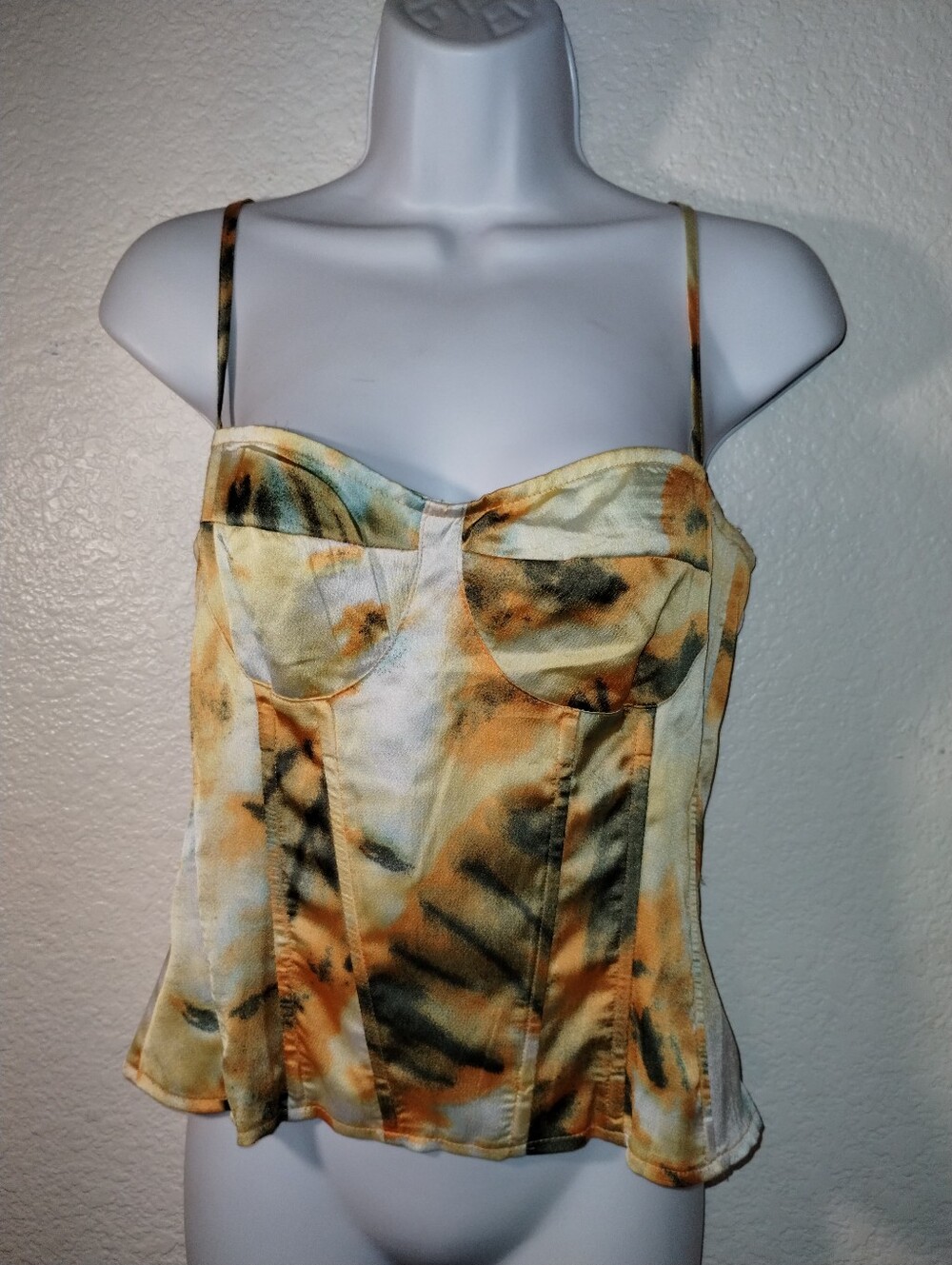 PrettyLittleThing Bustier Top Satin Yellow Orange Green Back Zip Size 8